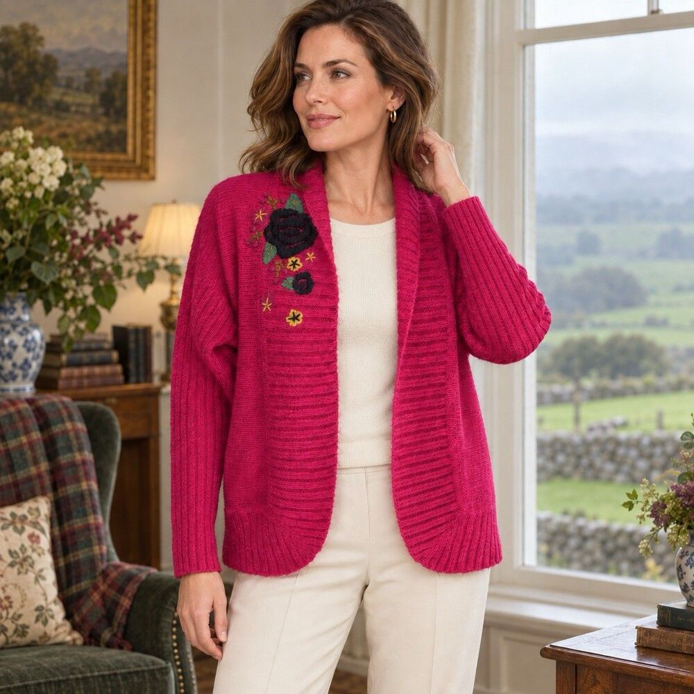 VTG Northern Isles Hot Pink Bolero Cardigan Mohair Blend Knit Embroidered New M